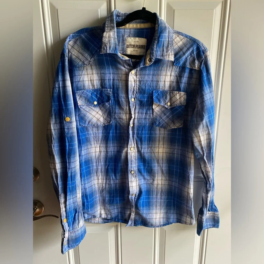 Ditch Plains New York XL Blue Plaid Western Shirt White Snaps 100% Cotton